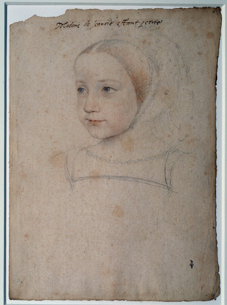 Portret van Marguerite de France (1523-1574) als kind, dochter van Francois I, hertogin van Savoye. Tekening met zwarte steen, bloed versterkt met aquarel door Francois Clouet (1515-1572) 16e eeuw Chantilly, Musee Conde door François Clouet