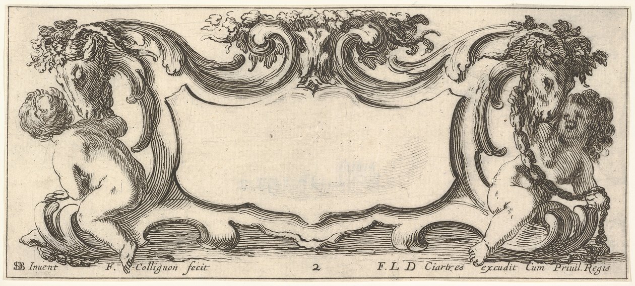 Plaat 2: een cartouche met een kind gezien van achteren naar links en een kind gezien van voren door Francois Collignon
