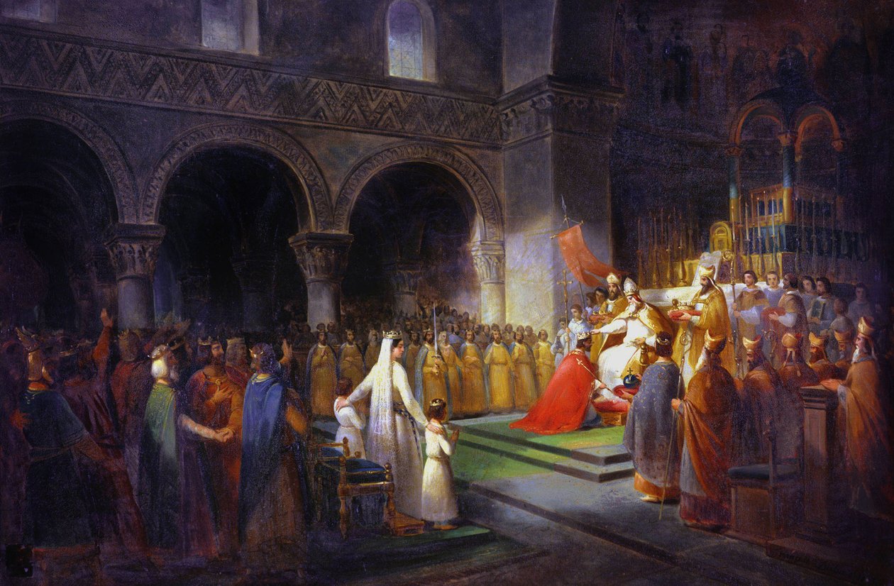 Kroning van Pepijn de Korte in de abdij van Saint Denis door Francois Dubois