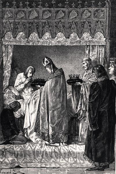 Karel V (1338-80) op zijn sterfbed, ontvangt de doornenkroon met grote religieuze toewijding, uit 
