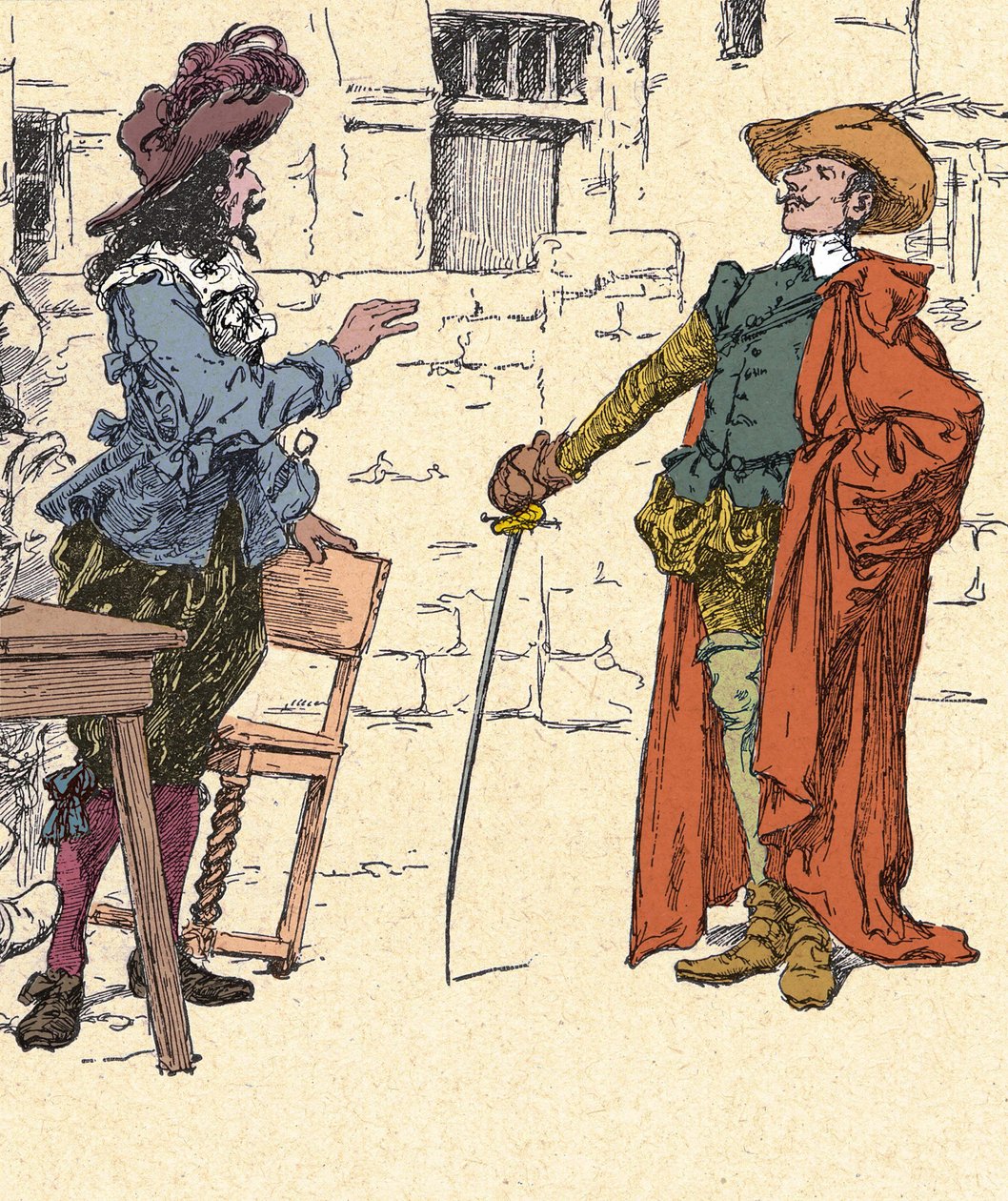 Ontmoeting van Cyrano, jong, aankomend in Parijs, met D