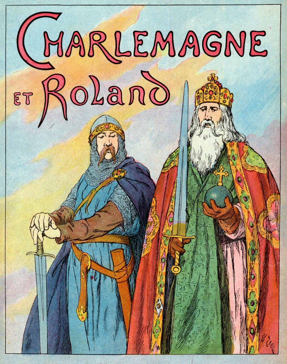 De Frankische koning Karel de Grote en de Franse ridder Roland de Roncevaux - Karel de Grote en Le Chevalier Roland (736-778) - Illustratie door François Zier (1856-1924) uit Nos-Gires-Nationales rond 1920 door Francois Edouard Zier