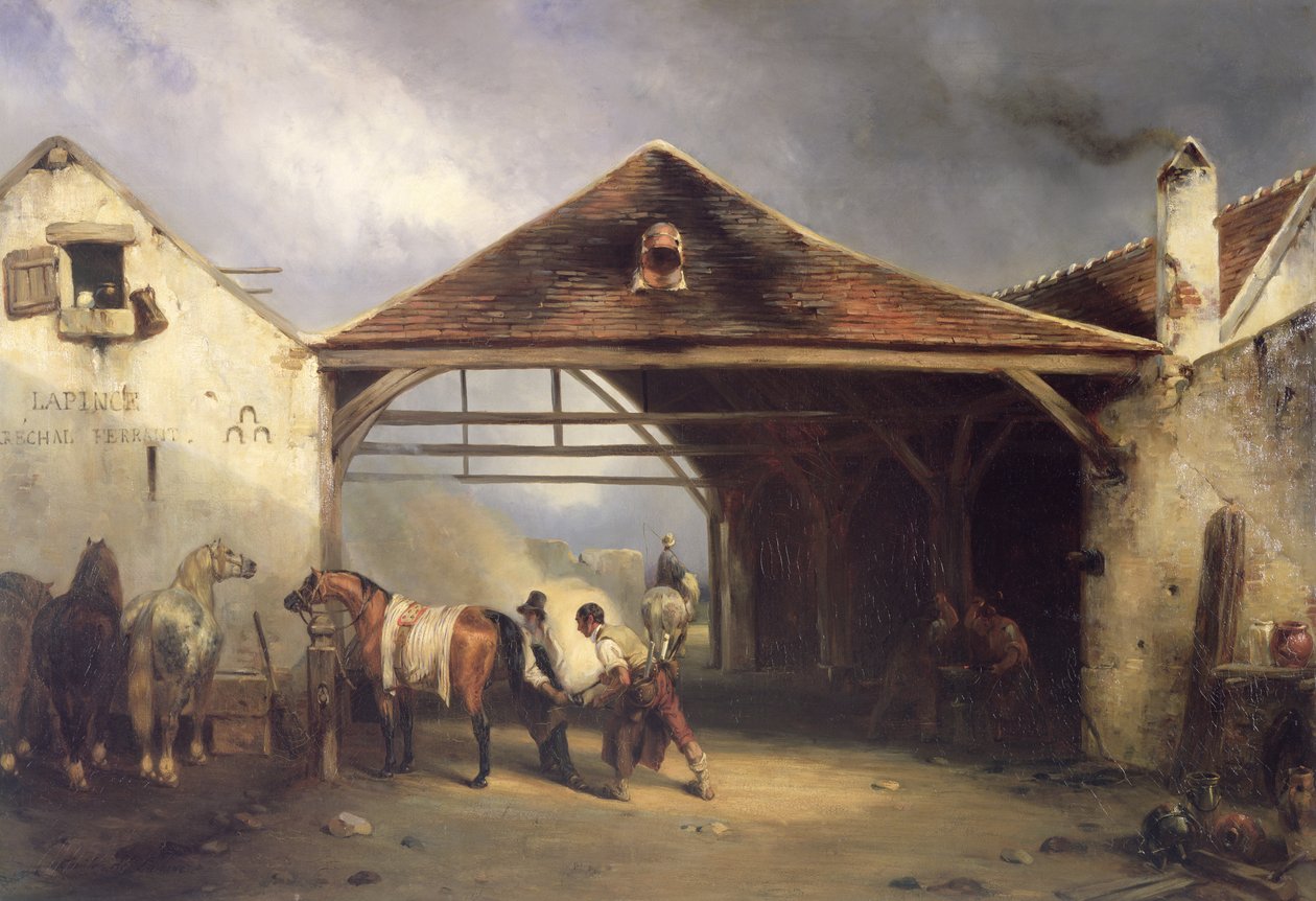 Een hoefsmid die een paard beslaat door Francois Emile de Lansac