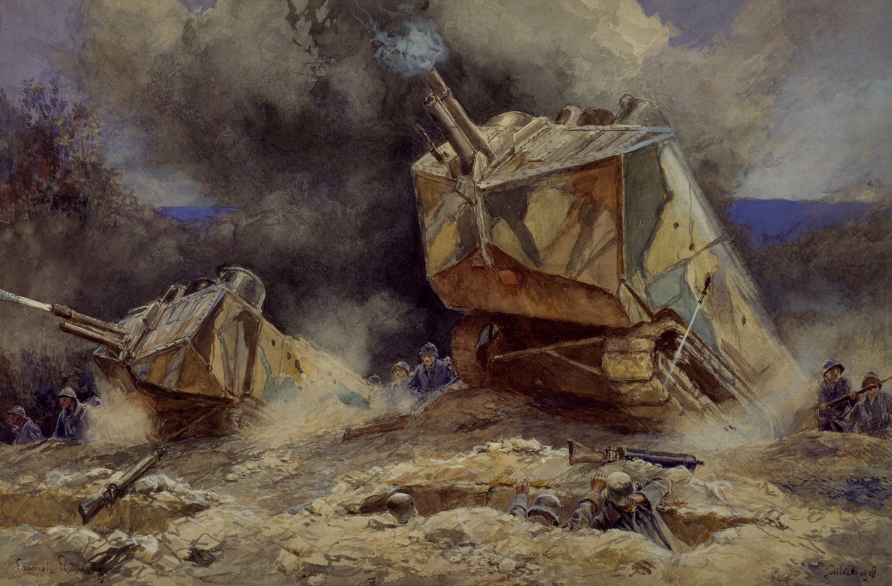 Aanval op infanterie en tanks in Saint Chamond, juli 1918 door Francois Flameng