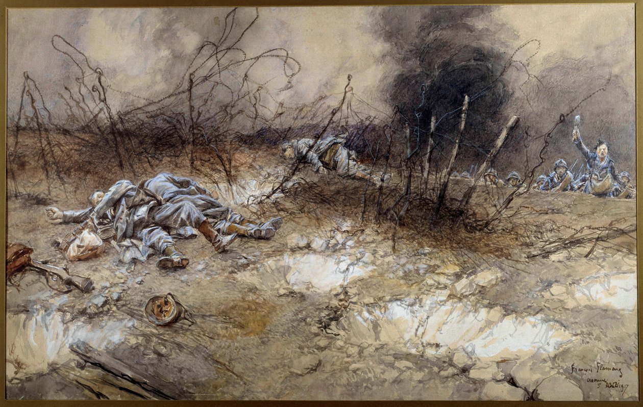 Eerste Wereldoorlog: scène van de Slag bij La Craonne op 5/04/1917 door Francois Flameng