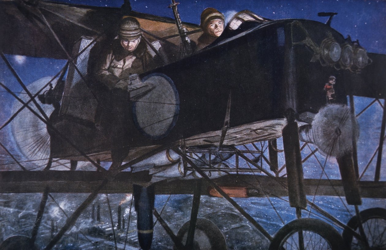 Bij de Franse Luchtmacht, een nachtelijke bombardement door een Voisin tweedekker door Francois Flameng