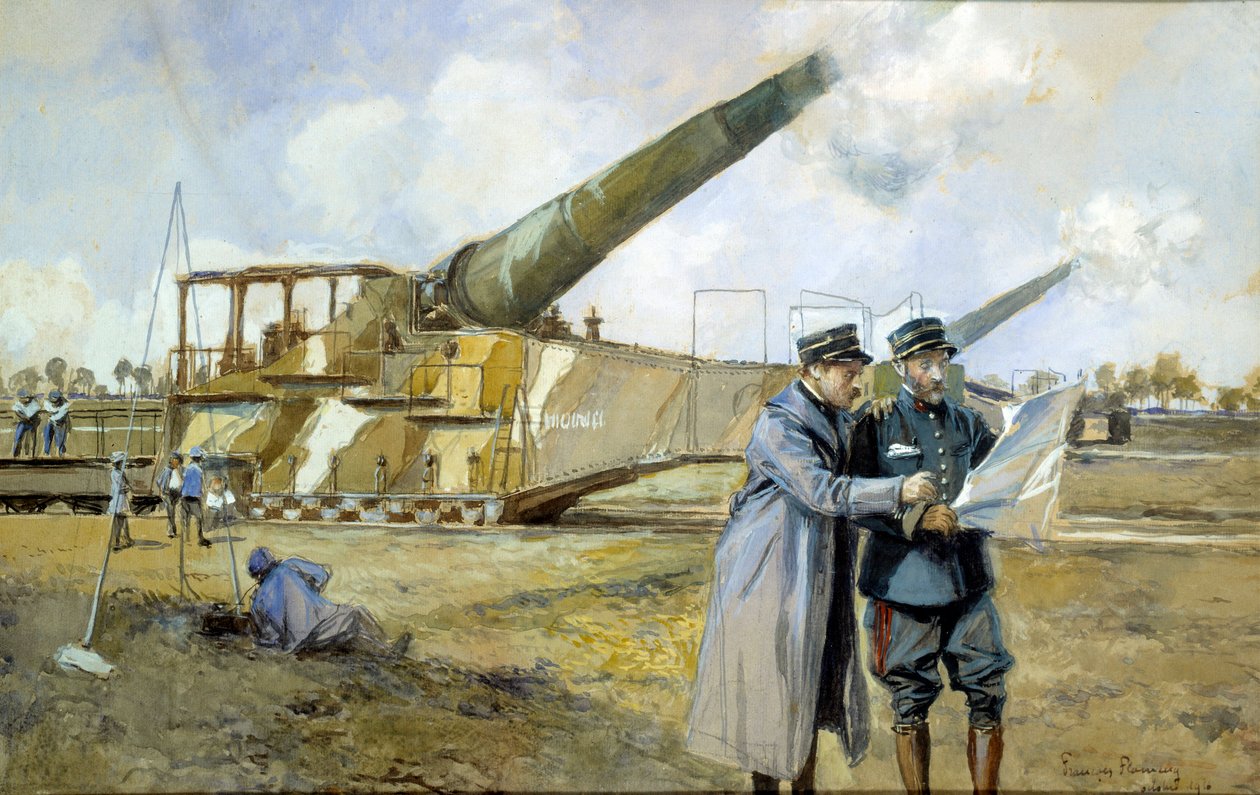 Eerste Wereldoorlog: 400 batterij in oktober 1916. Commandanten observeren een strijdplan. Schilderij door Francois Flameng (1856-1923) door Francois Flameng