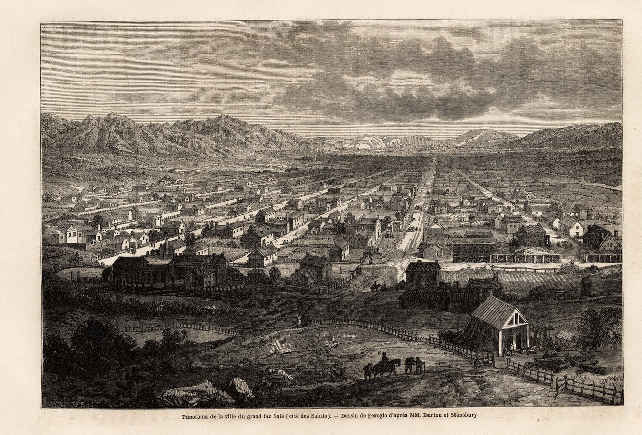 Panorama van de stad van het grote vieze meer, met de heiligen (Utah), tekening door Ferogio, ter illustratie van Richard Burton