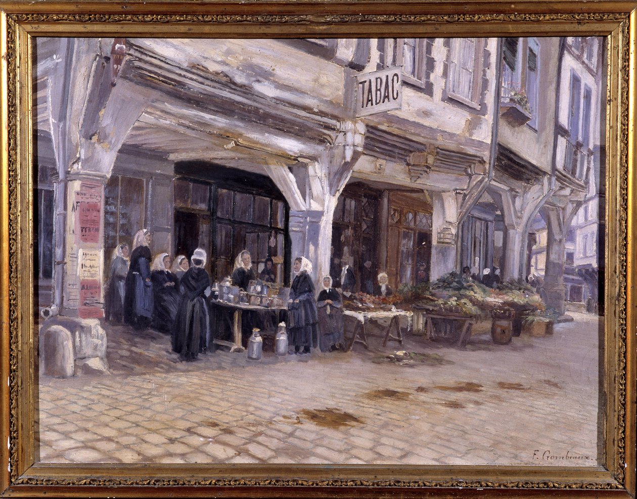 Markt onder de arcades in Dinan - door F. Gombeaux, eind 19e eeuw door Francois Gombeaux
