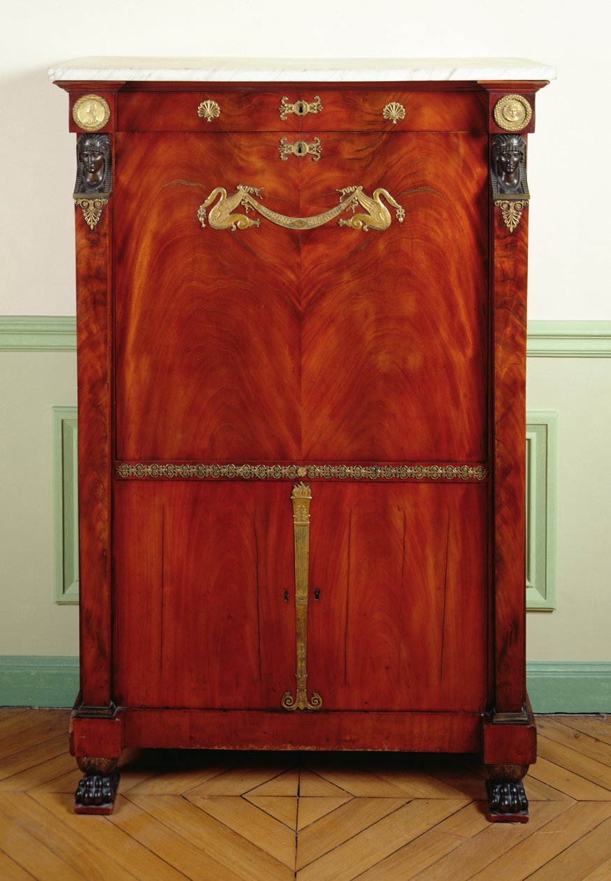 Schrijftafel met deksel (goud, mahonie, marmer & brons) door Francois H. G. attr. to Jacob-Desmalter