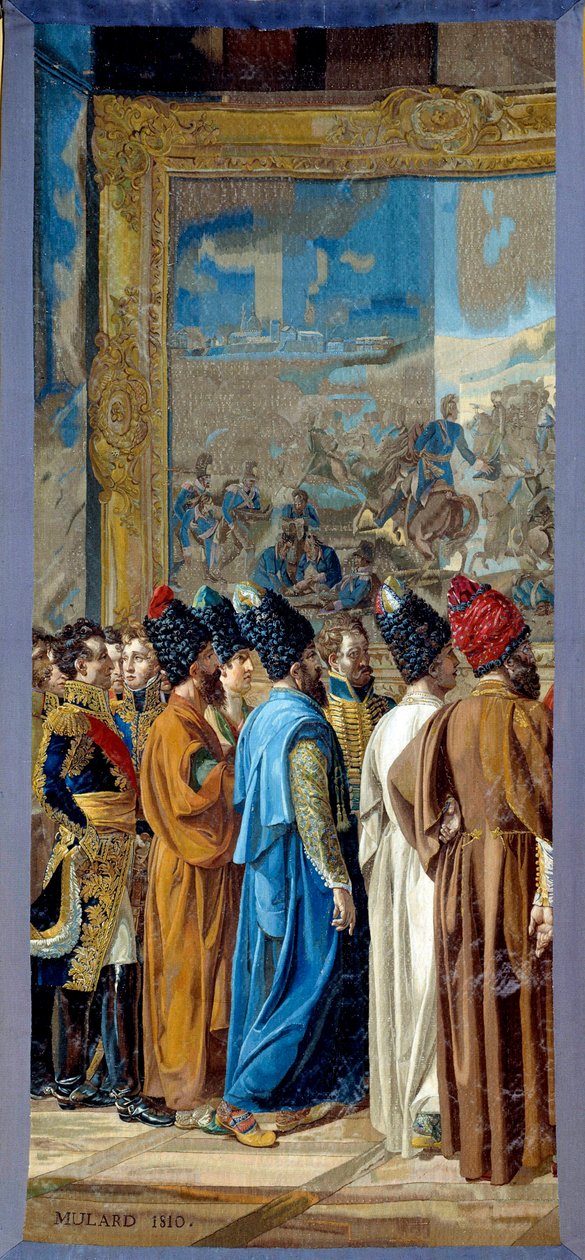 Napoleon I (1769-1821) ontving in het kasteel van Finkenstein in Polen, ambassadeur van de sjah van Perzië Georges Outrey, vice-consul van Frankrijk in Bagdad, presenteert Mohammed Mirza Reza. Wandtapijt gemaakt door de werkplaats van de Gobelins door Fran door Francois Henri Mulard