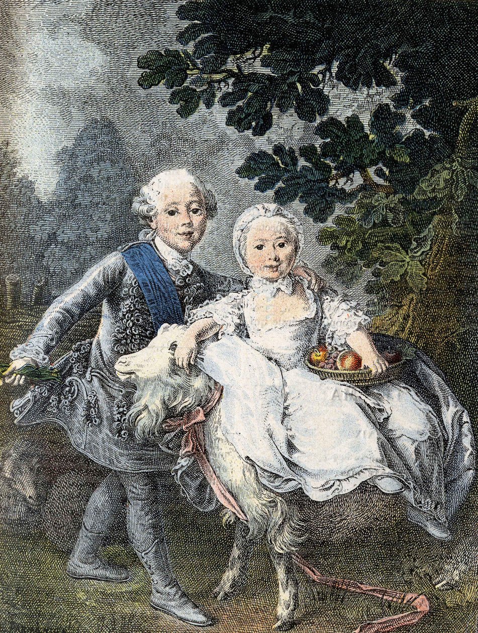 De graaf van Artois als kind (toekomstige koning Karel X) (1757-1836) en zijn zus Marie Clotilde Xavière (toekomstige koningin van Sardinië) (1759-1802) - afgebeeld in 1764. Gravure 19e eeuw naar het schilderij van François Hubert Drouais. door Francois Hubert (manner of) Drouais