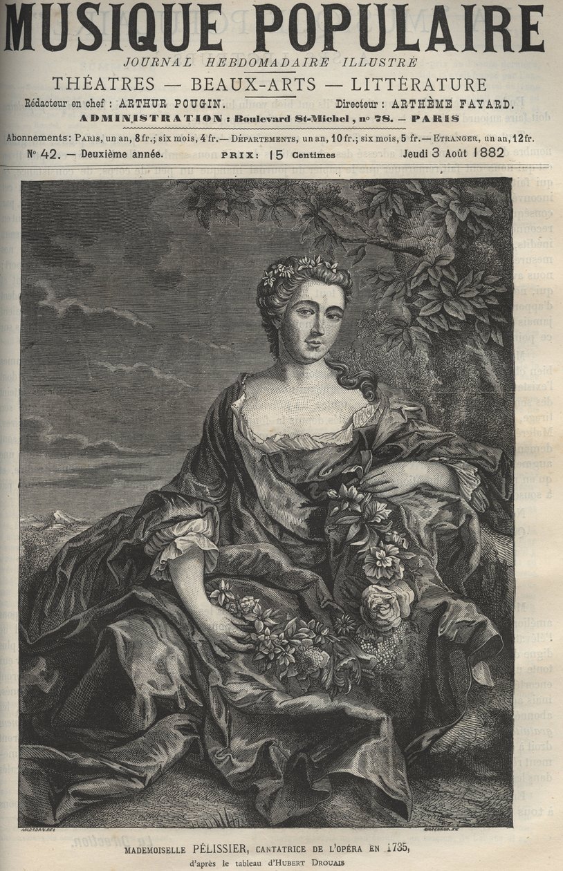 Portret van Marie Pelissier (1707-1749), Franse operazangeres - gravure naar het schilderij van Hubert Drouais - gravure in 