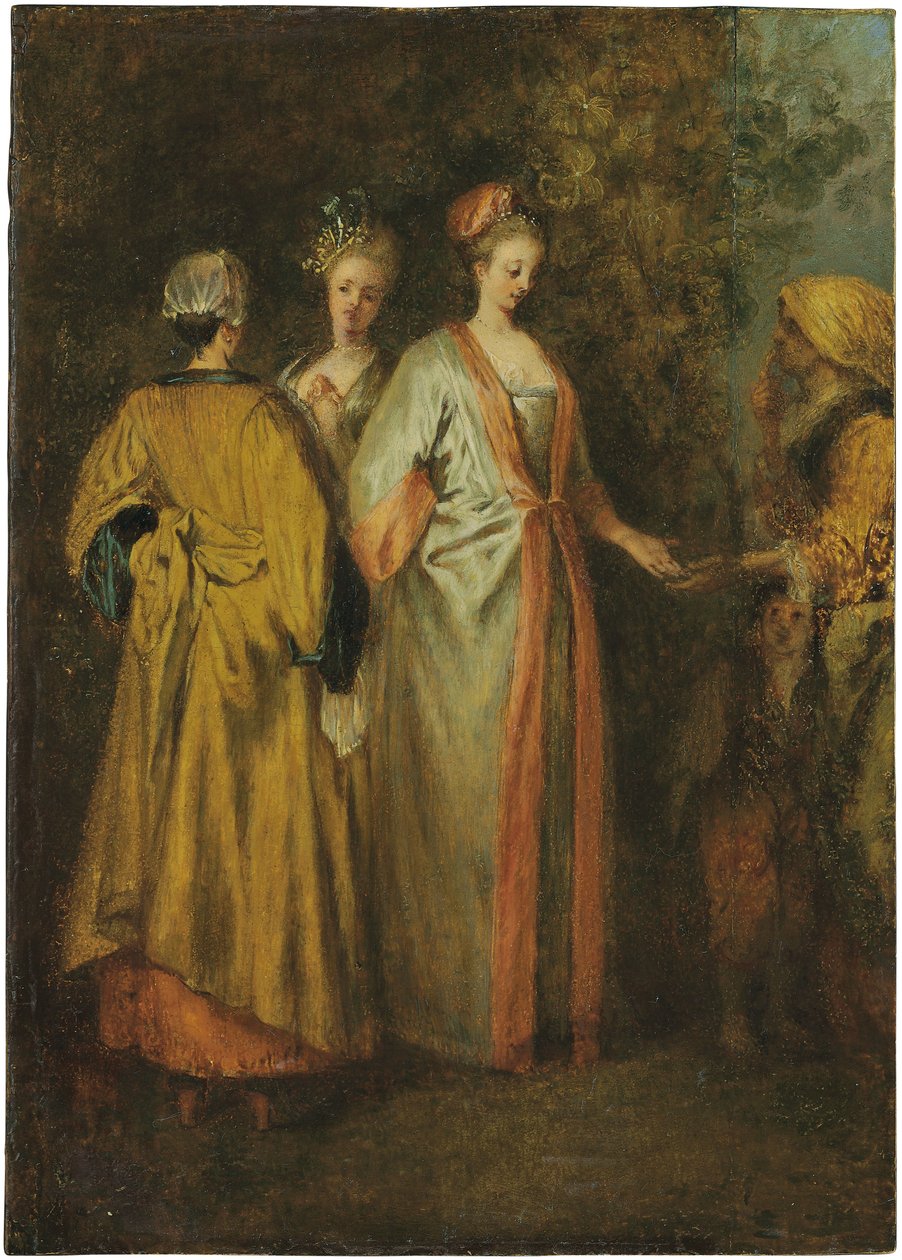 De waarzegster (olieverf op paneel) door Francois Louis Joseph (attr. to) Watteau