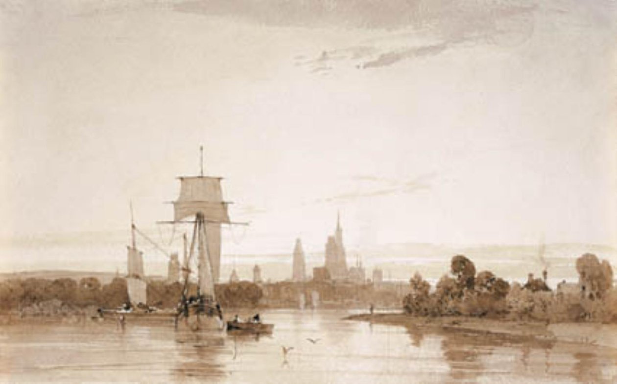 Uitzicht vanaf de Seine naar de kathedraal van Rouen en de stad. Ochtend door Francois Louis Thomas Francia