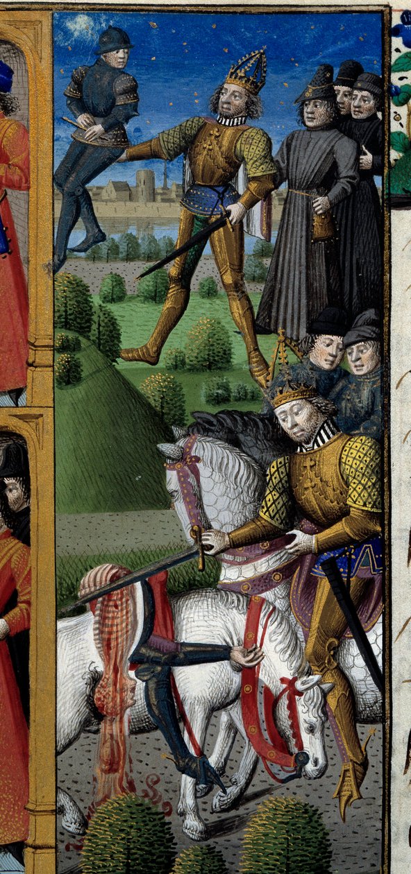 Scènes uit het leven van Karel de Grote (742-814) Koning van de Franken: gevechtsscène. Aap. Miniatuur uit het manuscript “Speculum historiale” (Le Mirror historial) door Vincent de Beauvais (1184/94-1264) verlucht door Meester Francois door Maître François