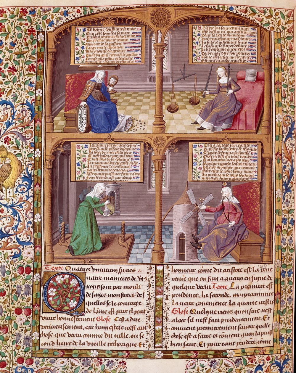 De vier kardinale deugden: Voorzichtigheid, Kracht, Matigheid en Rechtvaardigheid. Pagina uit een manuscript van Seneca, verlicht door meester Francois door Maître François