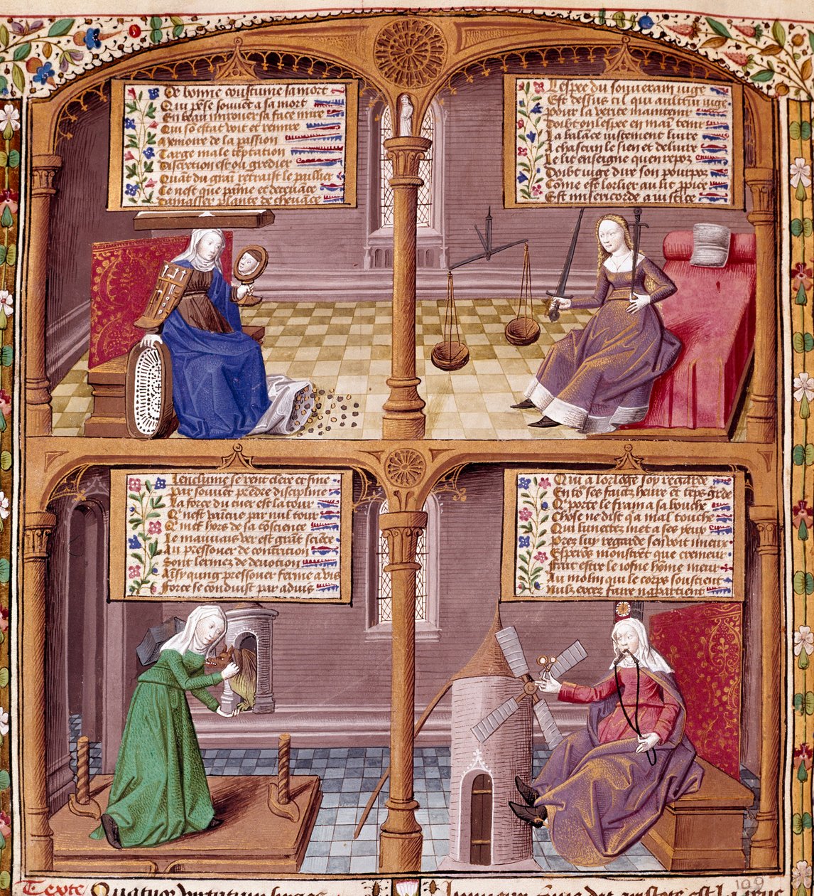 De vier kardinale deugden: Voorzichtigheid, Kracht, Matigheid en Rechtvaardigheid. Pagina uit een manuscript van Seneca, verlicht door meester Francois. door Maître François