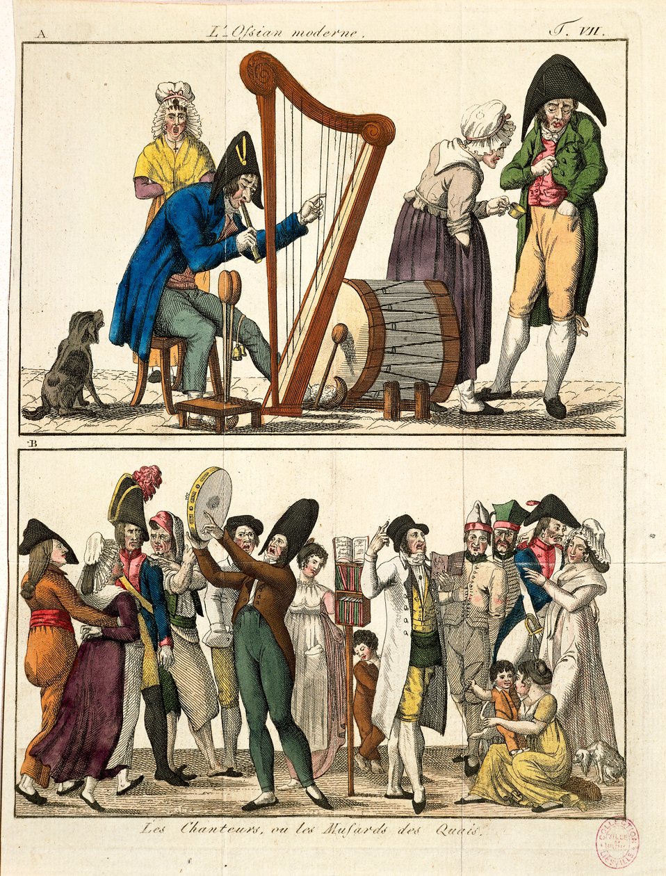 Karikatuur van moderne Ossian en van straatzangers, door Francois Nicolas Martinet door Francois Nicolas Martinet