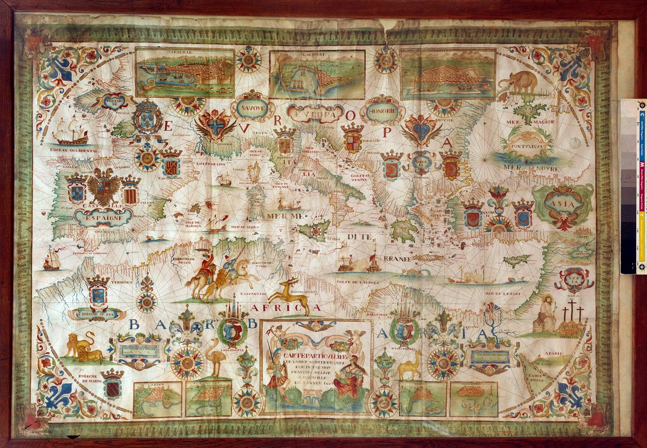 Geografische kaart van de Middellandse Zee met de kusten van Europa en Afrika door Francois Ollive