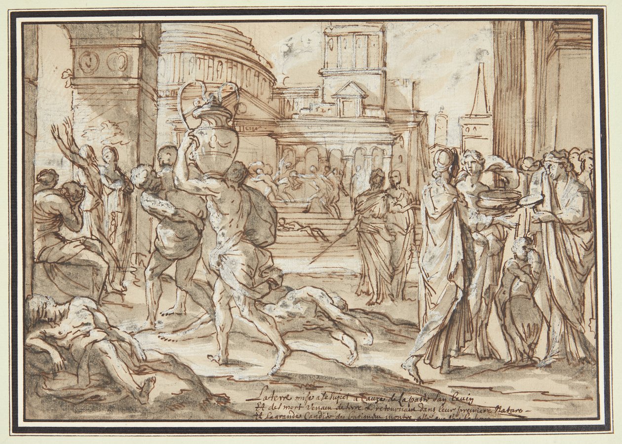 Plundering van een stad. Een plein tussen grote gebouwen. Op de voorgrond links liggen doden, tussen hen mensen die schatten wegdragen. Rechts een groep vrouwen met kostbaarheden in hun handen. Onderaan een verklarende inscriptie door Francois Perrier