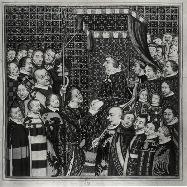 Louis II (1337-1410) Graaf van Clement, brengt hulde aan Karel V (1338-80) kopie van een 14e-eeuwse miniatuur door Francois Roger de Gaignieres