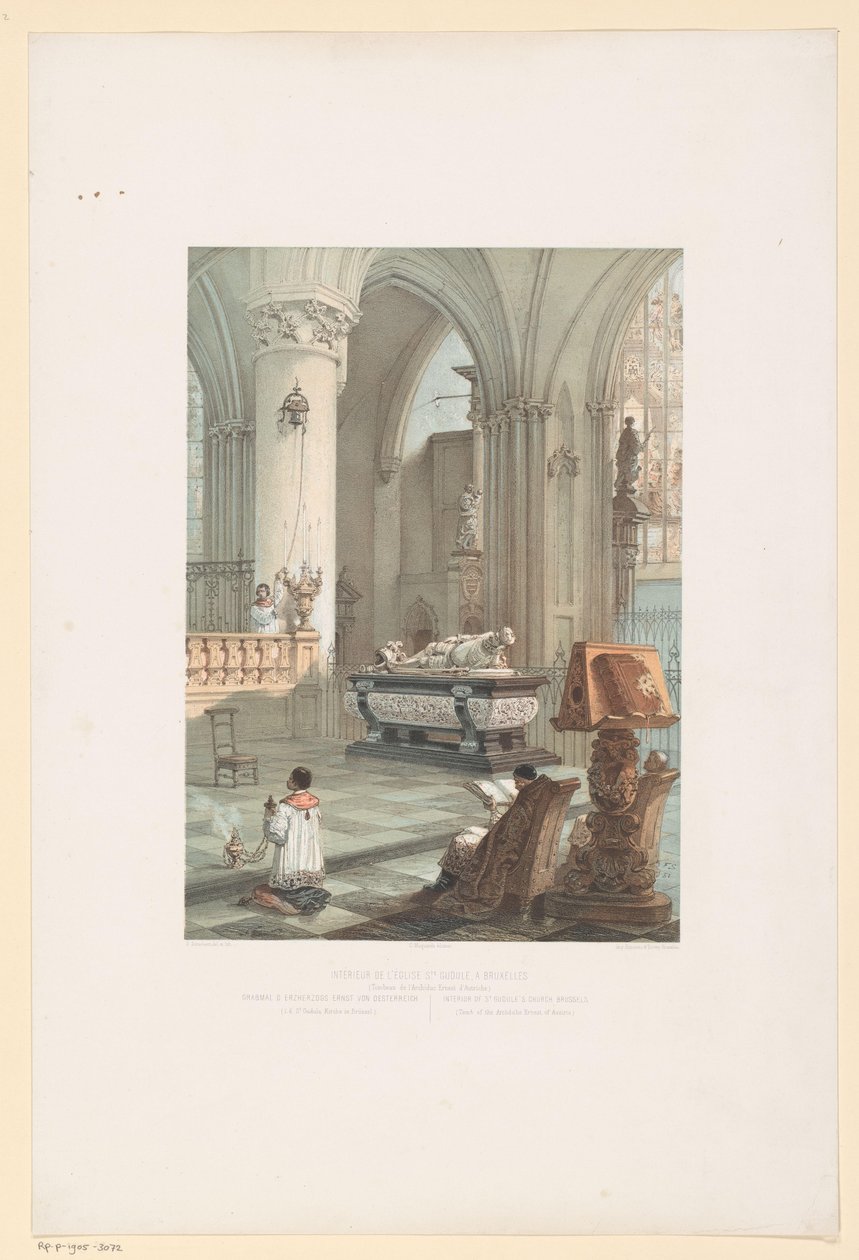 Interieur van de Sint-Michiel-en-Sint-Goedelekathedraal te Brussel met de tombe van Ernst van Oostenrijk door Francois Stroobant