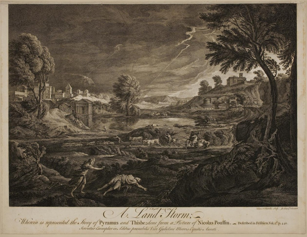 Een landstorm. Pyramus en Thisbe door Francois Vivares