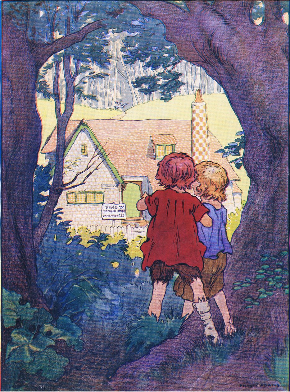 Midden in het bos stond een prachtig wit huis, uit Hans en Grietje gepubliceerd door Blackie & Son Limited, ca. 1940 door Frank Adams