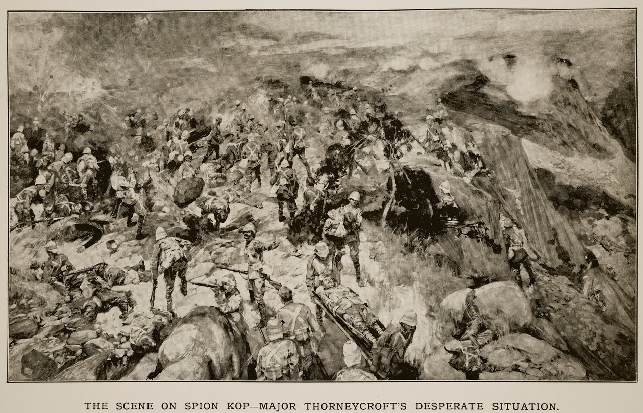 De Scene op Spion Kop: De Wanhopige Situatie van Majoor Thorneycroft, naar een schets van een Britse Officier door Frank Craig