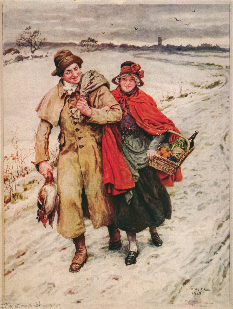 Kerstinkopen, kerstkaart door Frank Dadd