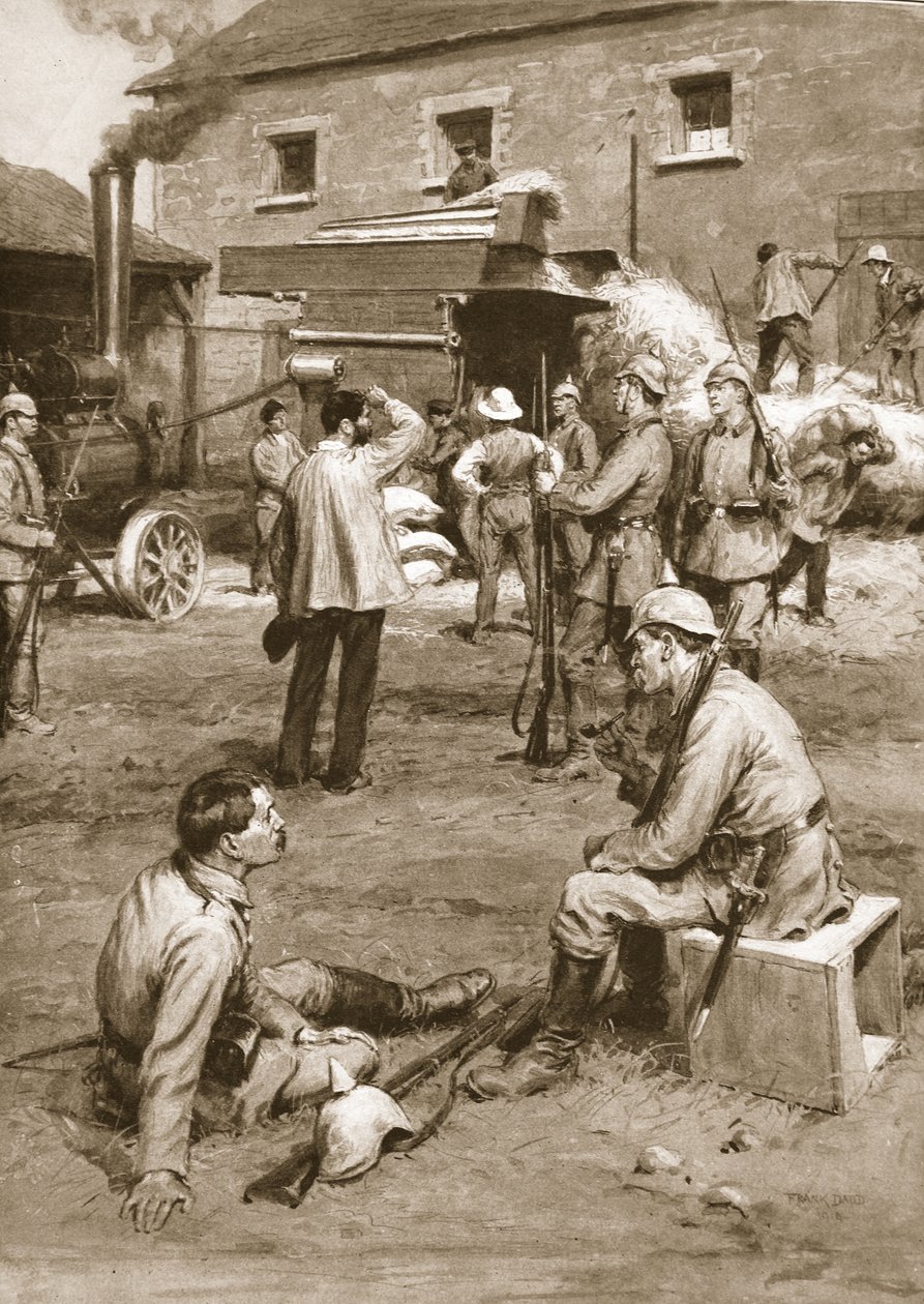 Duitsers dwingen een Franse boer om zijn graan voor hun voordeel te dorsen door Frank Dadd