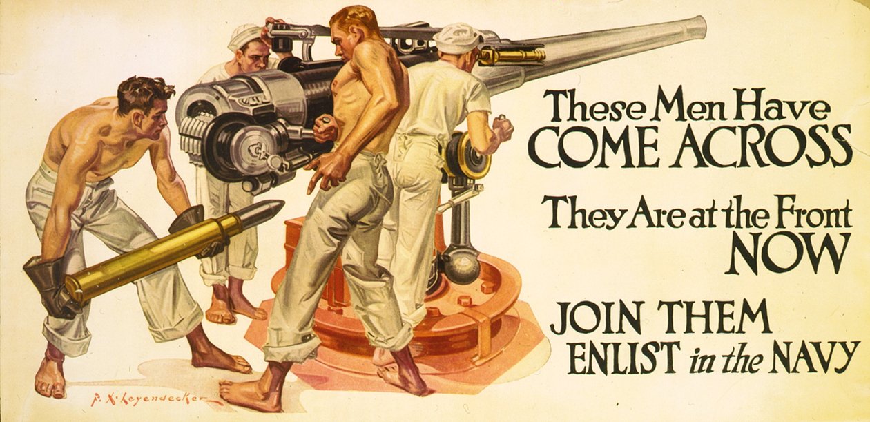 Deze mannen zijn overgekomen, ze zijn nu aan het front. Sluit je aan bij de marine door Frank Xavier Leyendecker