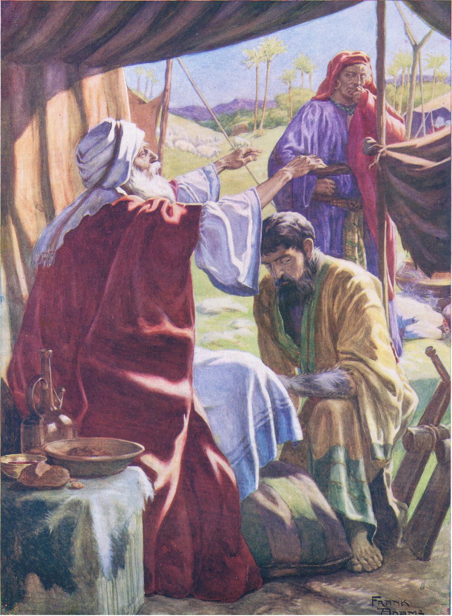 Jakob ontvangt de zegen, uit Het Bijbel Prentenboek uitgegeven door Thomas Nelson, ca. 1950 door Frank Adams
