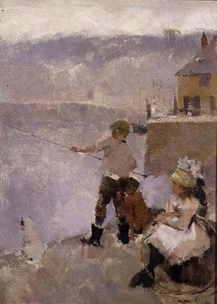 Vissen op de kade door Frank Bramley