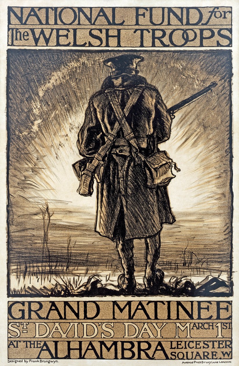 Poster ter promotie van een inzamelingsactie voor het Nationale Fonds voor de Welshe troepen, 1 maart, 1915 door Frank Brangwyn