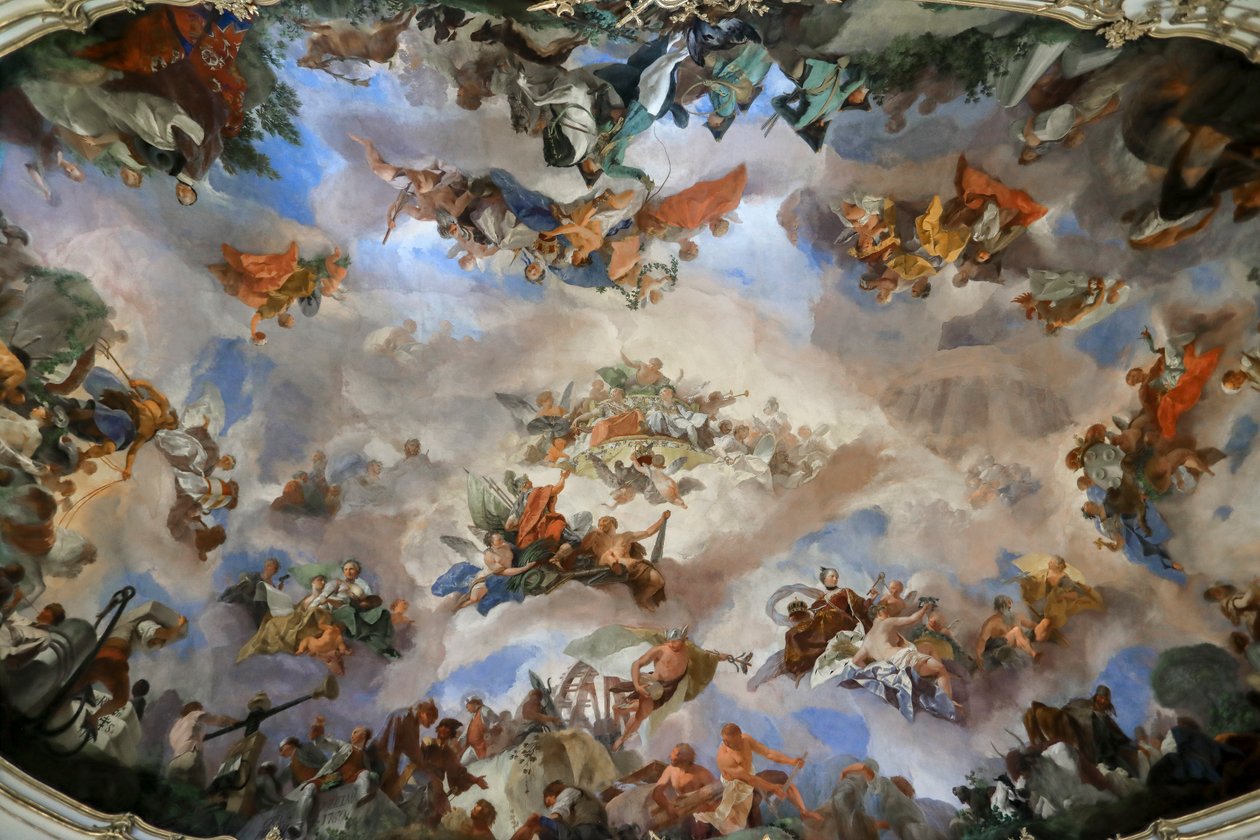 Plafondschildering in de grote galerij van paleis Schönbrunn, Allegorie op de welvaart van de Oostenrijkse monarchie , Wenen, Oostenrijk, 2024 (foto) door Frank Buffetrille