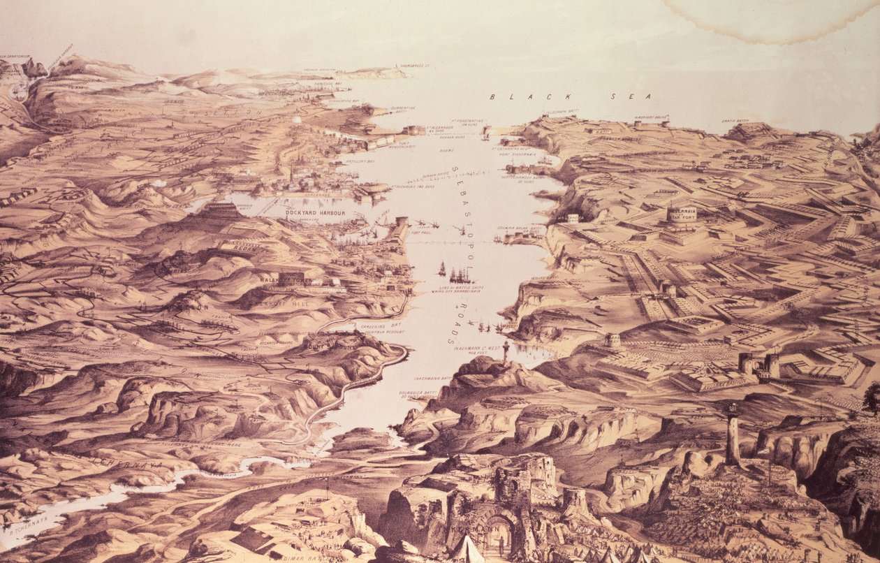 Panoramisch uitzicht op de noord- en zuidzijde van de haven en haven van Sebastopol, ontworpen en gelithografeerd door Thomas Packer, uitgegeven door Stannard en Dixon, 1855 door Frank C. Hughes