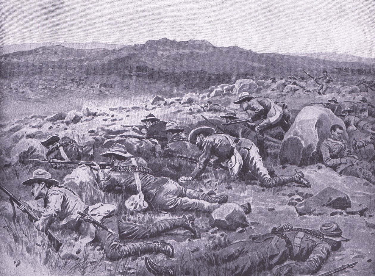 Met de Queensland Imperial Bushmen bij Rhenoster Kop 29 nov 1900, illustratie uit Na Pretoria: De Guerrillaoorlog, 1902 door Frank Dadd
