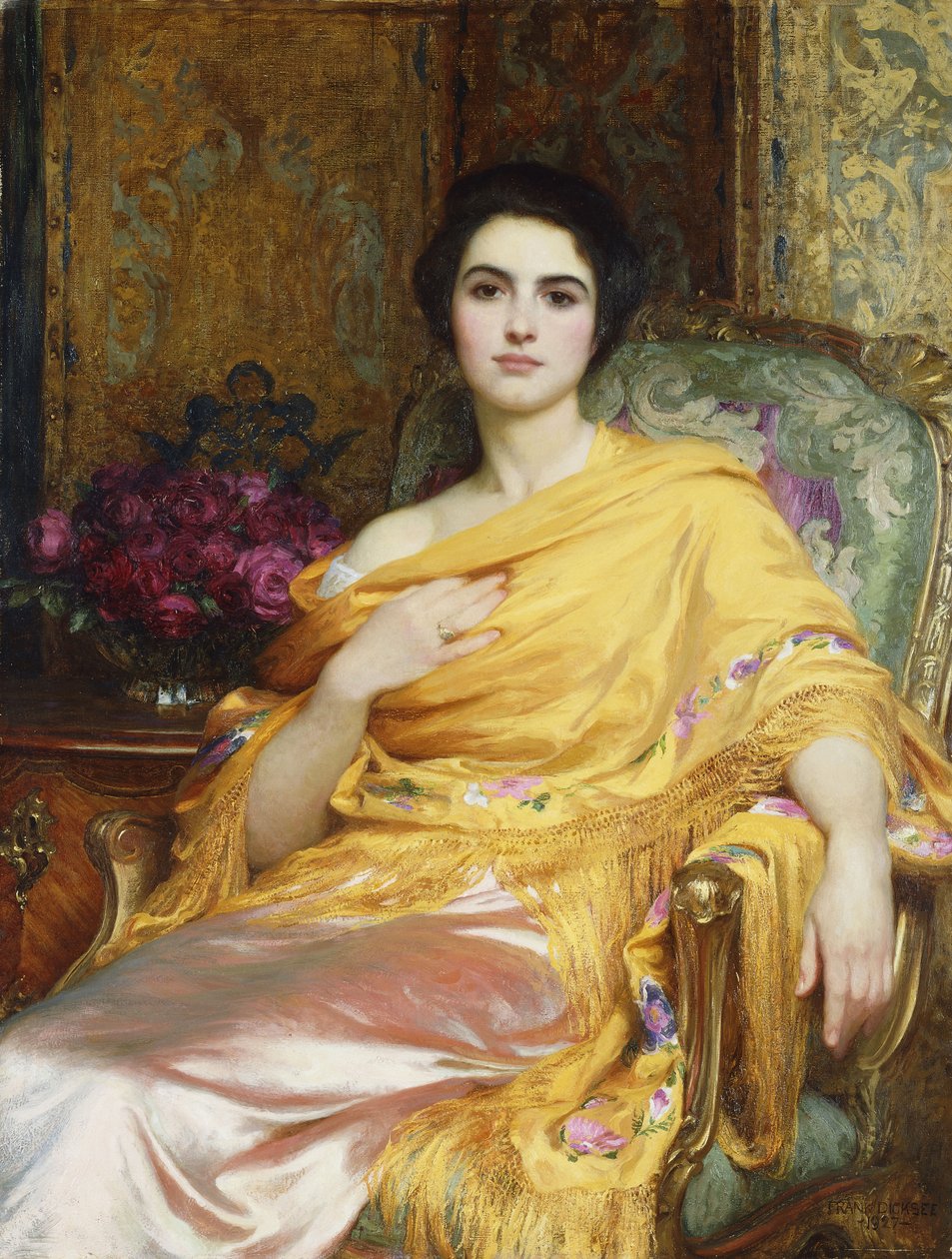 Portret van Elsa, dochter van William Hall, driekwart lengte, zittend in een roze jurk en gele omslagdoek door Frank Dicksee