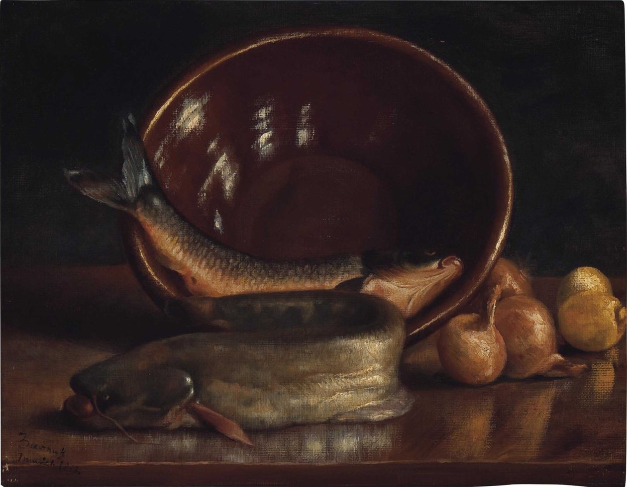 Stilleven met vissen door Frank Duveneck