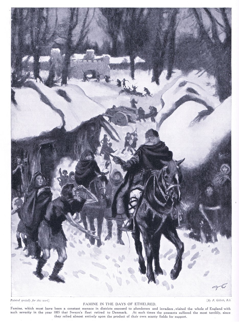 Hongersnood in de dagen van Ethelred AD1005, jaren 1920 door Frank Gillett