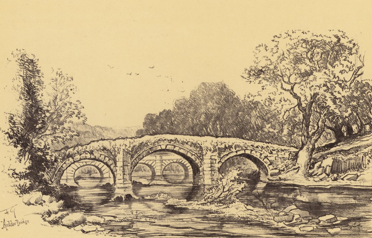 Cromwells brug over de Hodder (litho) door Frank Greenwood