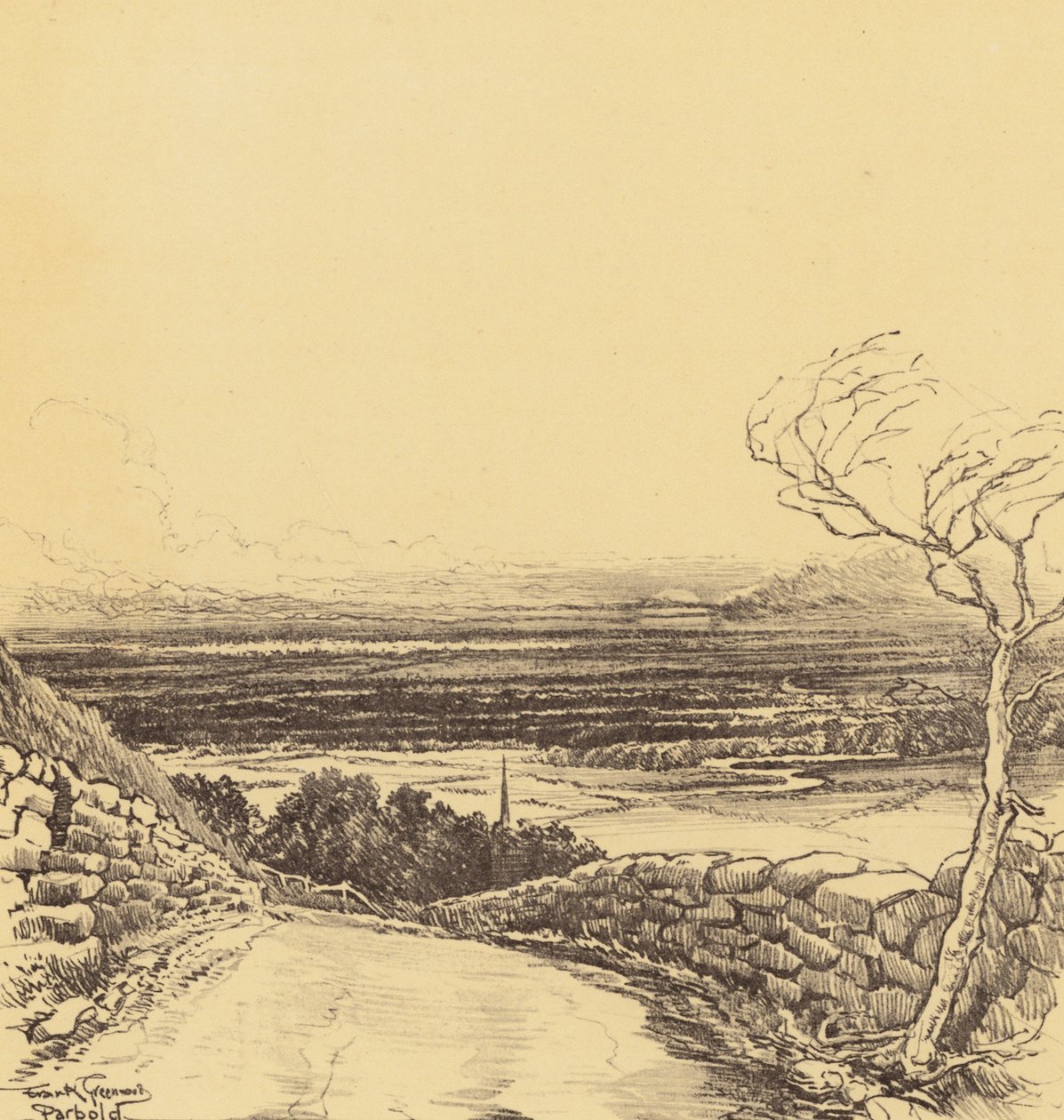 Uitzicht naar het westen vanuit Parbold (litho) door Frank Greenwood