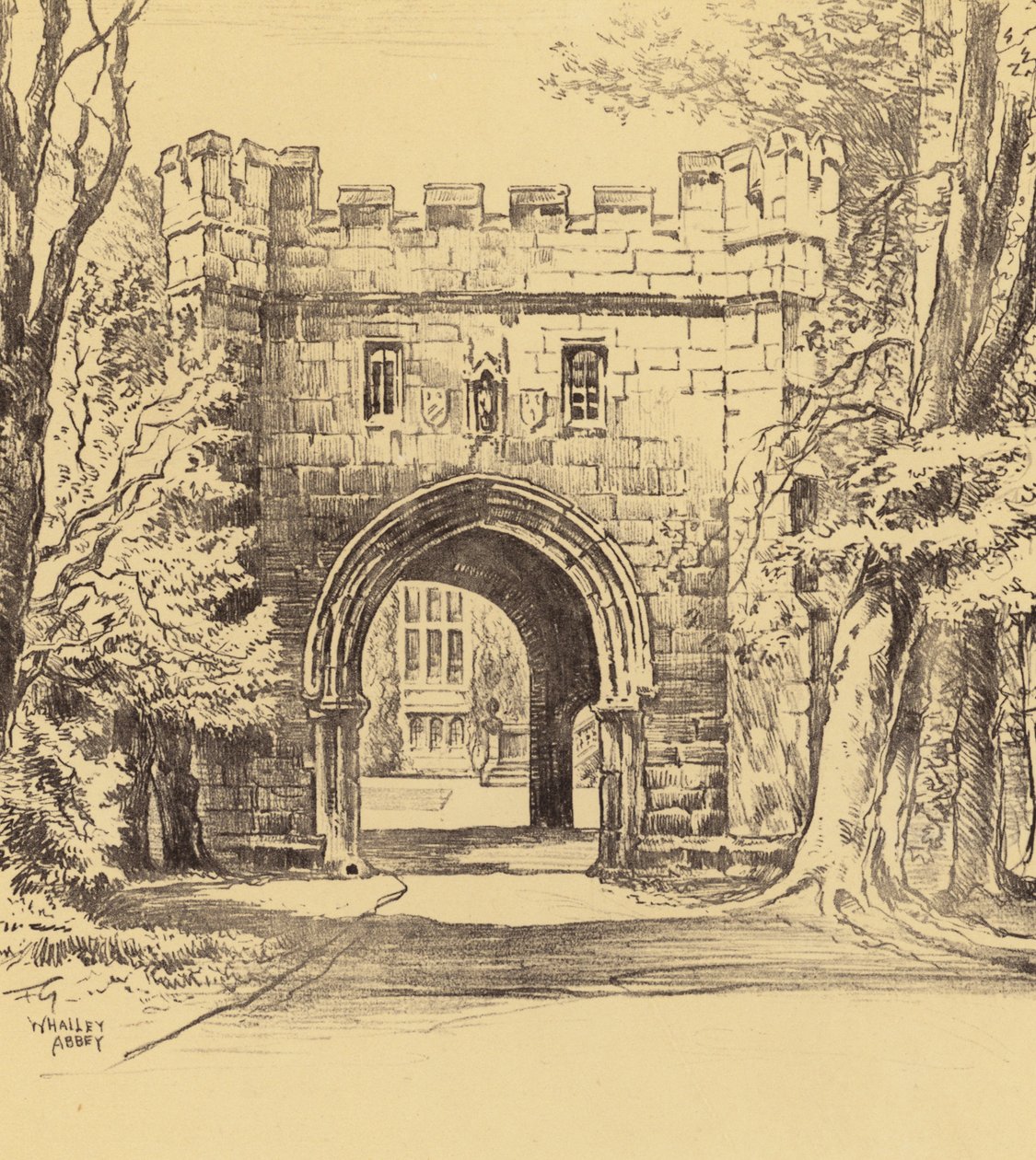 Whalley Abbey, de noordoostelijke toegangspoort (litho) door Frank Greenwood