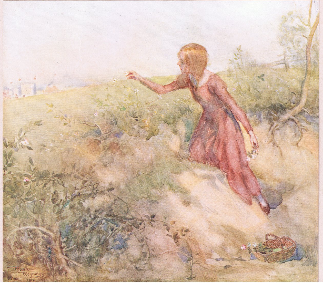 Kort na zonsopgang in de ochtend sloop ze uit de tent en zwierf naar enkele velden een korte afstand en plukte een paar rozen, ca. 1920 door Frank Reynolds