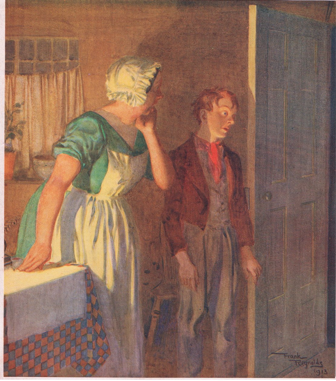 Het kind haastte zich naar de deur en verdween zo snel als ze was gekomen, ca. 1920 door Frank Reynolds