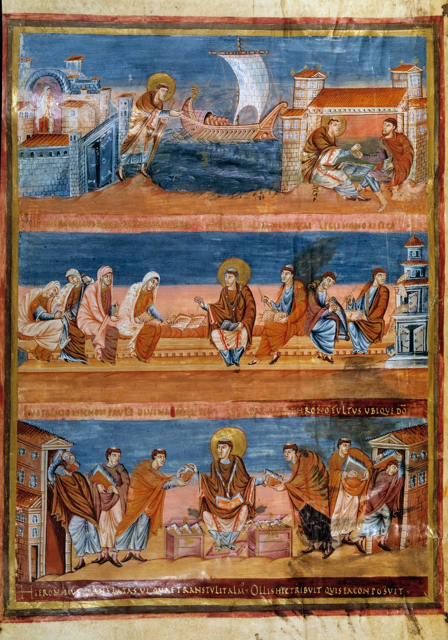 Sint Hiëronymus verlaat Rome en betaalt zijn leraar in Jeruzalem (boven), werkt met zijn schrijvers (midden) en verspreidt de Vulgaat (onder). Miniatuur in 