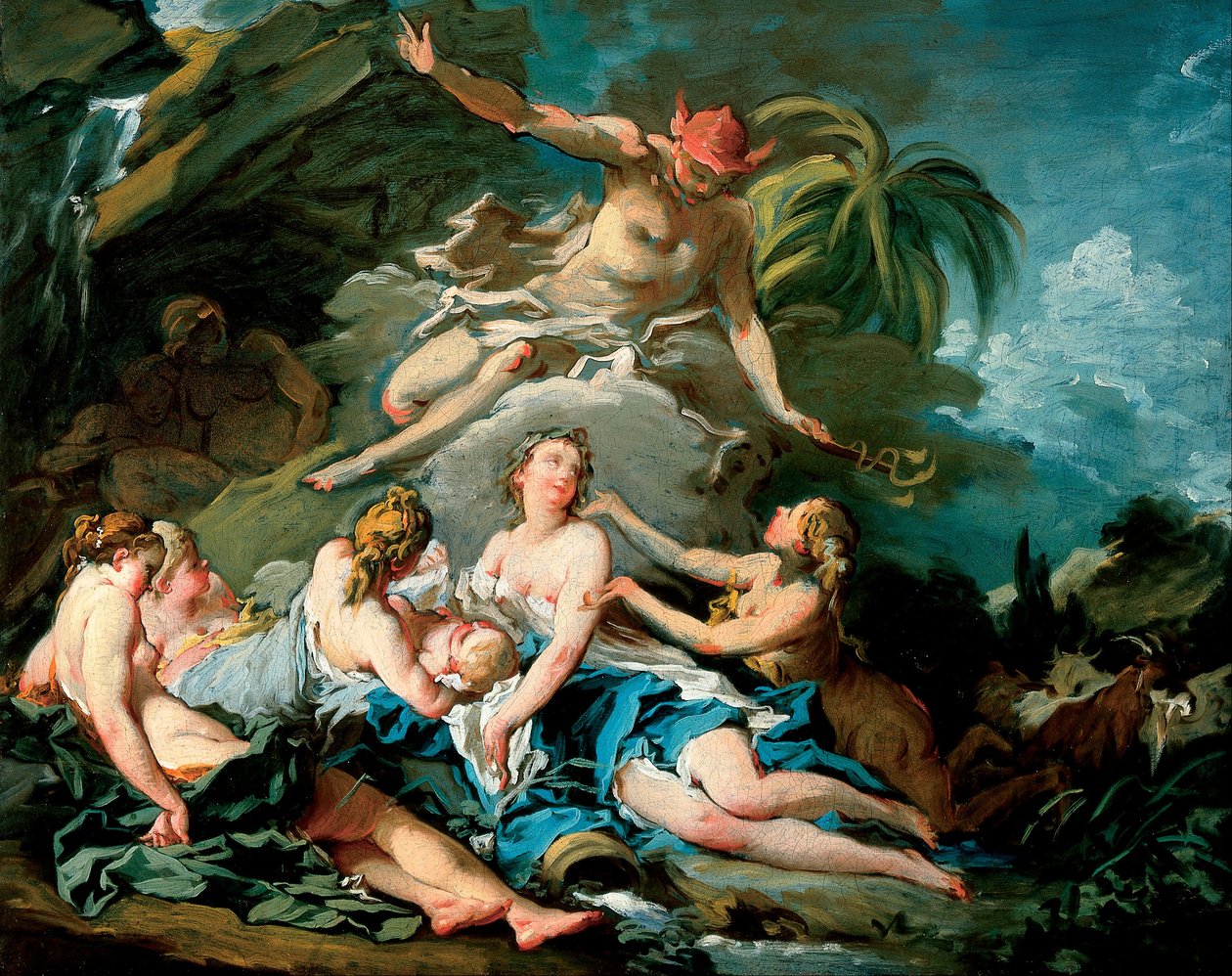 Mercurius vertrouwt de jonge Bacchus toe aan de nimfen van Nysa door François Boucher