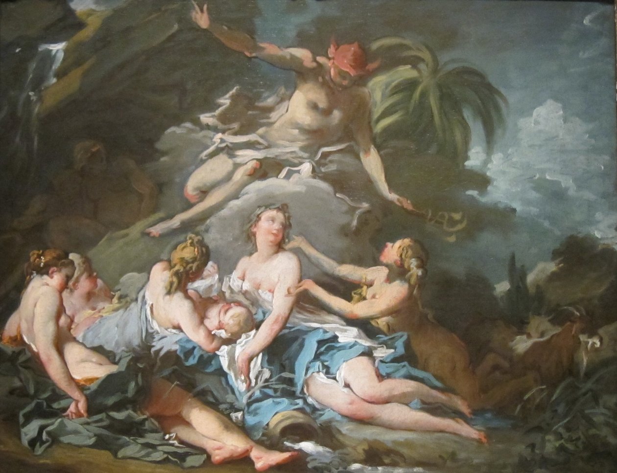 Mercurius vertrouwt de jonge Bacchus toe aan de nimfen van Nysa door François Boucher